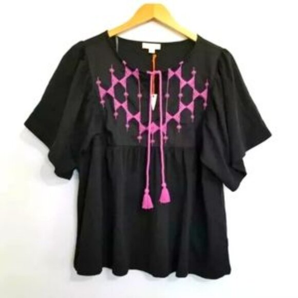 Knox Rose Boho Black Purple tassle Embroidered Blouse - Picture 2 of 2